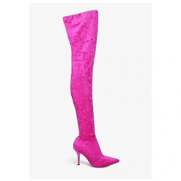 Paris Texas “Mama” Crushed Velvet Over-the-Knee Boots in Hot Pink - Picture 3 of 14